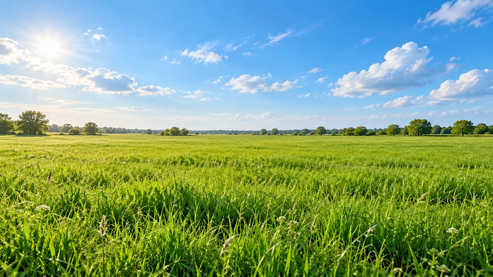 Sonnige grüne Wiese unter hellem Himmel; generisches KI-generiertes Landschaftsmotiv, keine Ortsaufnahme.